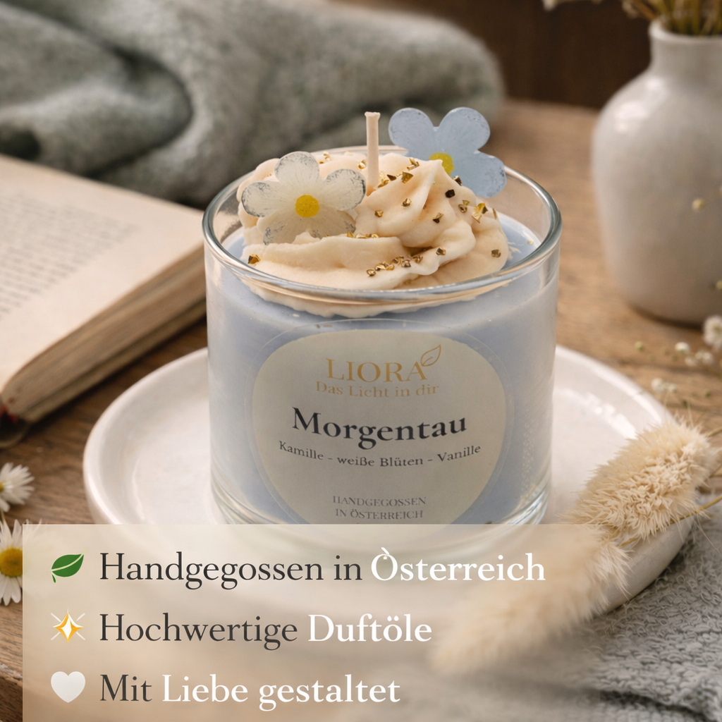 Morgentau – handgegossene Duftkerze mit Sahnehaube