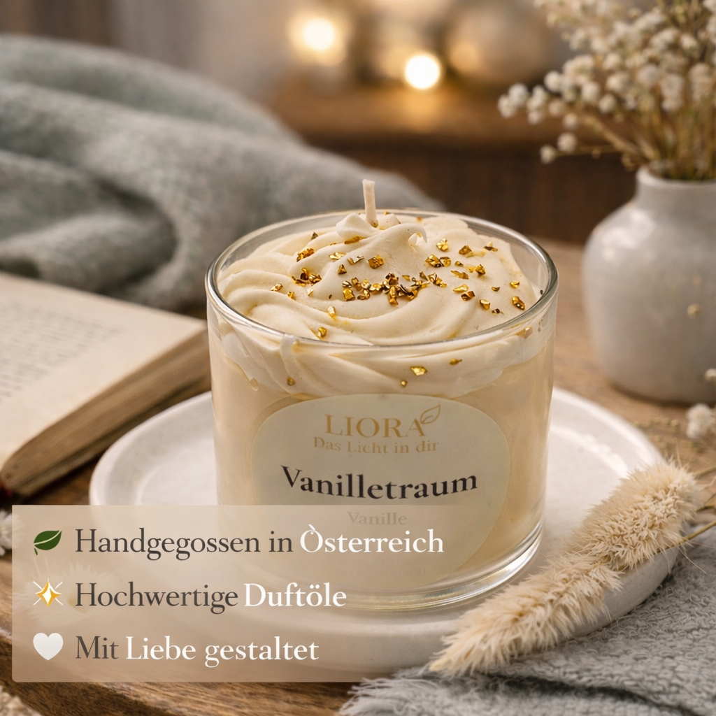 Vanilletraum – handgegossene Duftkerze mit Sahnehaube